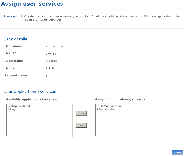 Assign service to user screen Assign service to user screen