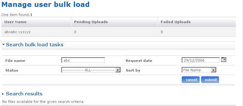 Manage user bulk load screen Manage user bulk load screen
