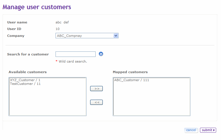 Manage user customers screen