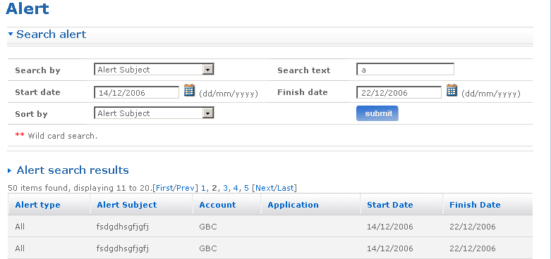 Search alert screen