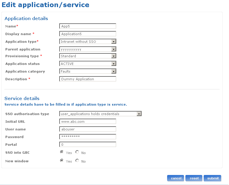 Edit application/service screen