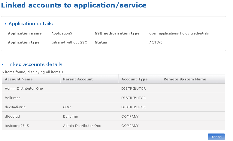 Linked accounts to application/service screen