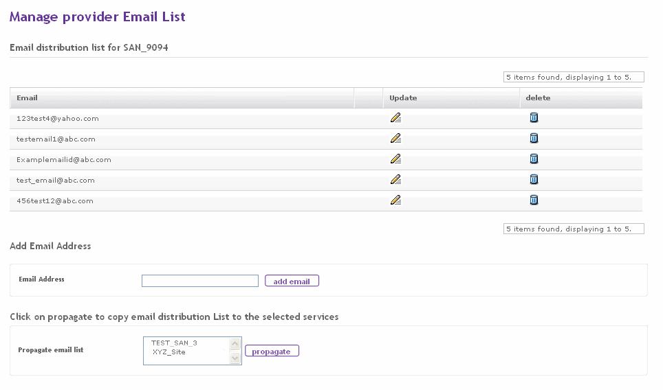 The Manage Provider Email List screen details