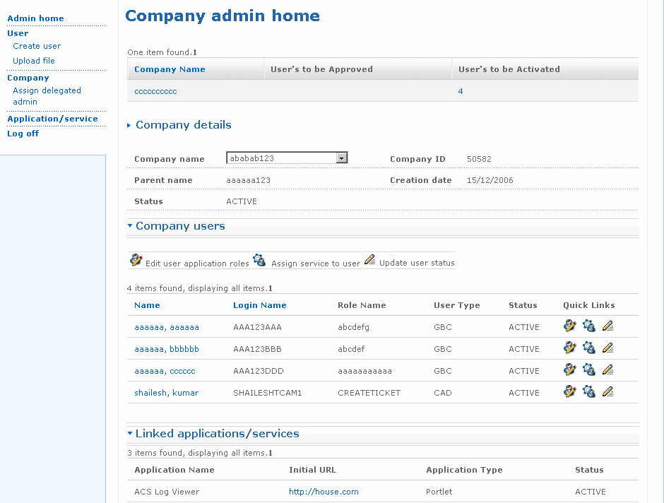 Admin home page for CAM