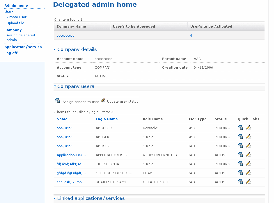 Admin home page for delegated admin