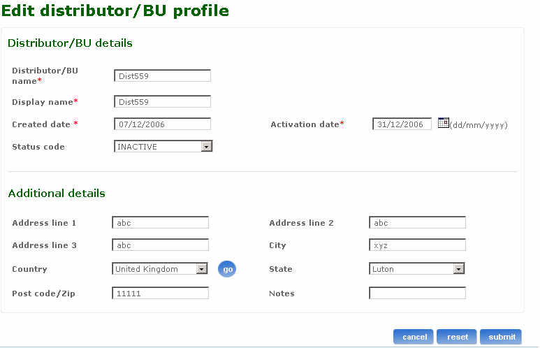 Edit distributor/BU screen