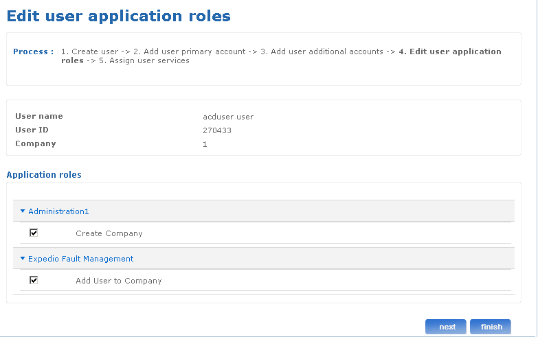 Edit user application roles screen