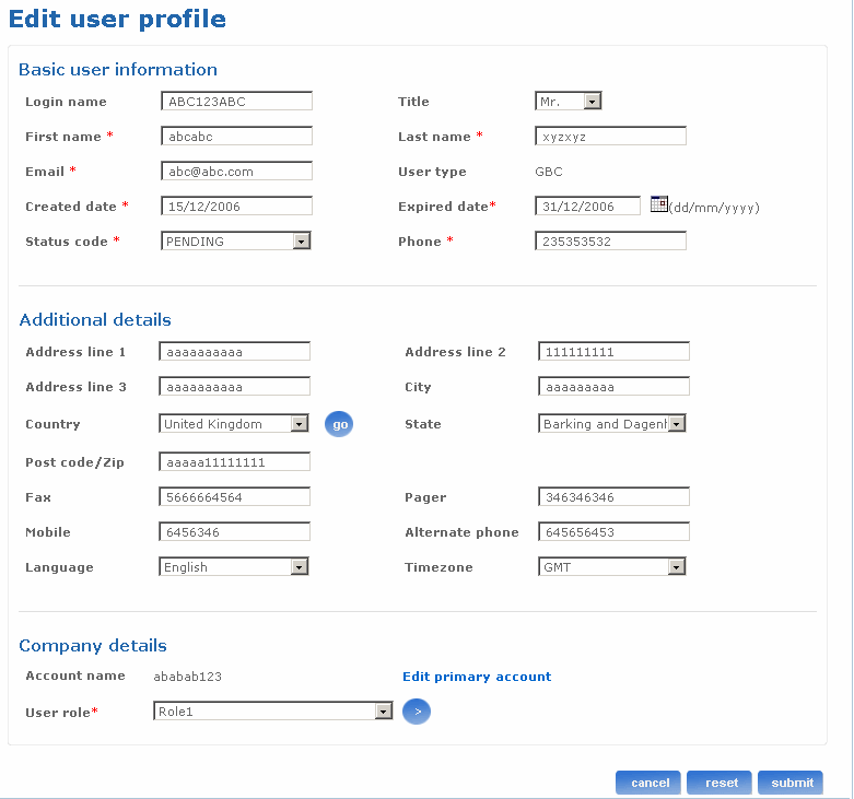 Edit user screen