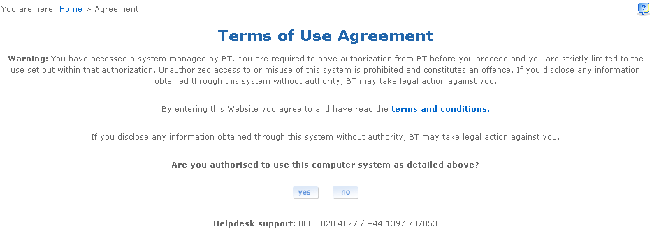 Terms of use agreement screen