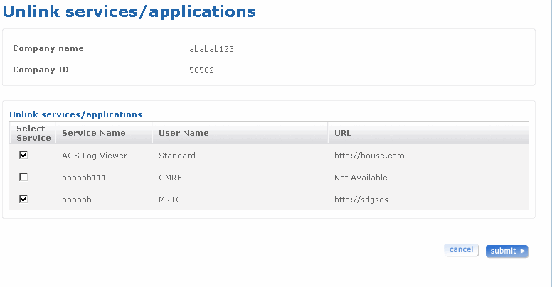 Unlink services/applications screen