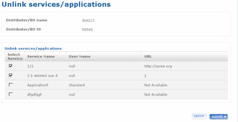 Unlink services/applications screen